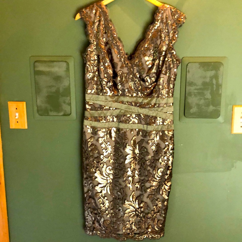 Olive green cocktail dress. Tadashi Shoji